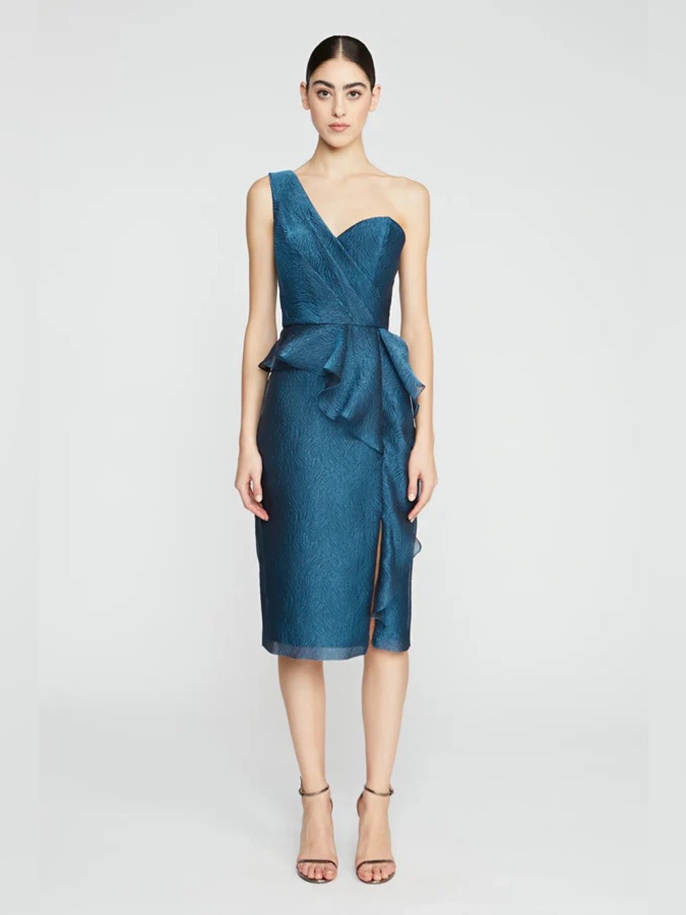 Theia One-Shoulder Teal Cocktail Dress with Peplum Detail